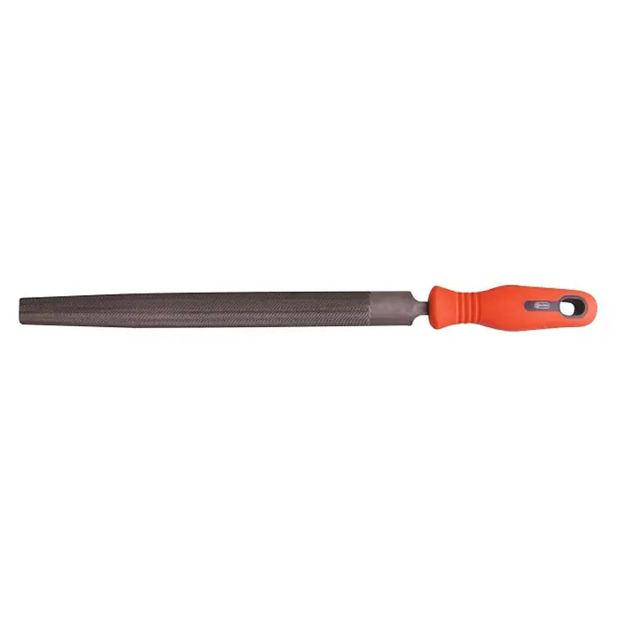 Connex Lima semicircular COX965 - Longitud hoja de lima: 250 mm - Primer plano de una lima media caña con mango naranja, una herramienta para la metalurgia y el alisado de superficies.