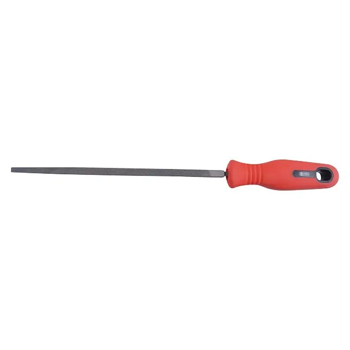 Connex Lima cuadrada COX965 - Longitud hoja de lima: 200 mm, Material empuñadura: Plástico - Primer plano de una lima fina con mango rojo. La herramienta es ideal para alisar y dar forma a superficies metálicas, y superficies de plástico.