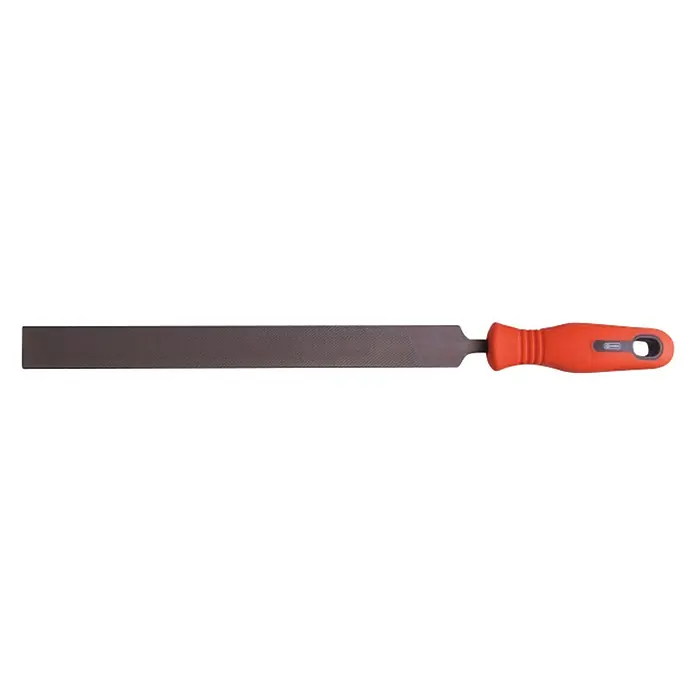 Connex Lima para sierra COX965 - Longitud hoja de lima: 200 mm - Primer plano de una lima plana con mango naranja, una herramienta para metalurgia. Precisa y duradera, ideal para trabajos detallados.