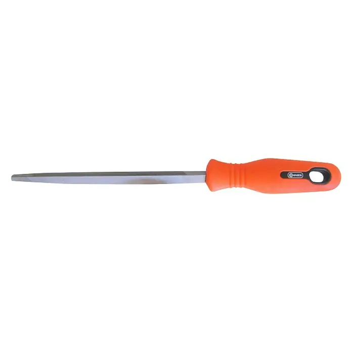 Connex Lima triangular COX965 - Longitud hoja de lima: 125 mm, Material empuñadura: Plástico - Primer plano de una lima de llave con mango naranja, una herramienta versátil para limar y dar forma con precisión en metalurgia.