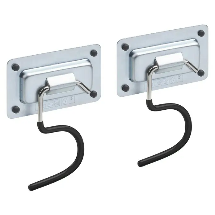 Connex Set de ganchos - 2 ud., Forma S, Negro - Dos ganchos universales Meister para colgar herramientas o equipos de jardín en la pared. Fabricados en metal con recubrimiento de goma negra.