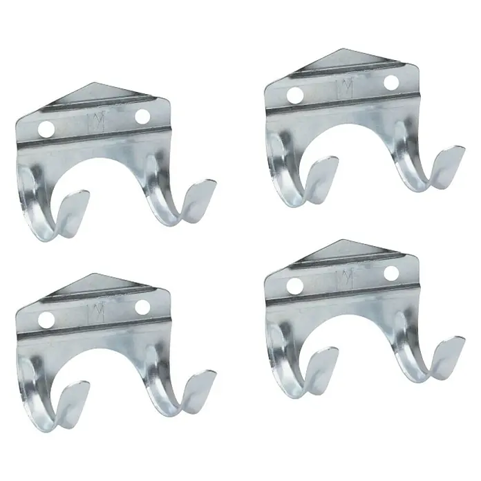 Set de ganchos - Aluminio, 4 ud. - Primer plano de cuatro ganchos multiuso cincados para montaje en pared, ideales para garaje, cobertizo o taller.