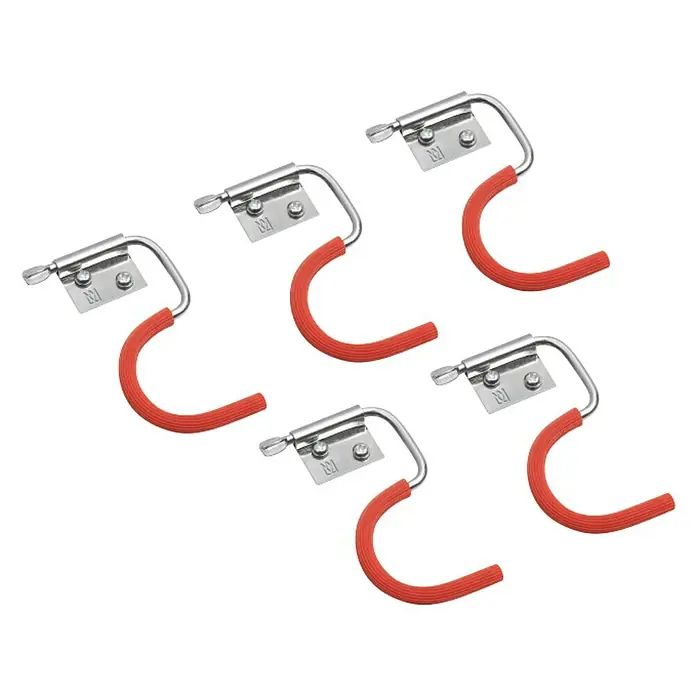 Connex Set de ganchos - 5 ud., Forma S, Rojo - Cinco ganchos metálicos de pared con recubrimiento de goma roja, ideales para el garaje o el sótano.\n