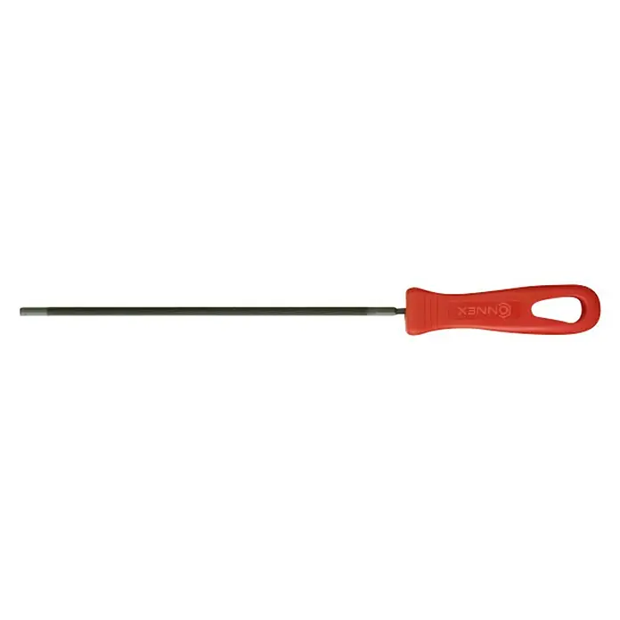 Connex Lima para sierras de cadena COX965 - Diámetro: 5,5 mm, Longitud hoja de lima: 150 mm - Primer plano de una lima redonda con mango rojo, que combina precisión y funcionalidad para trabajos de detalle.