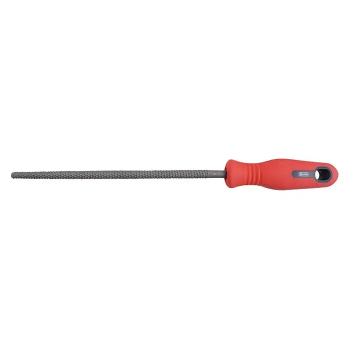 Connex Lima redonda - Longitud hoja de lima: 200 mm - Primer plano de una lima redonda de metal con mango rojo. Ideal para alisar y dar forma a metal, madera o plástico en talleres y proyectos de bricolaje.