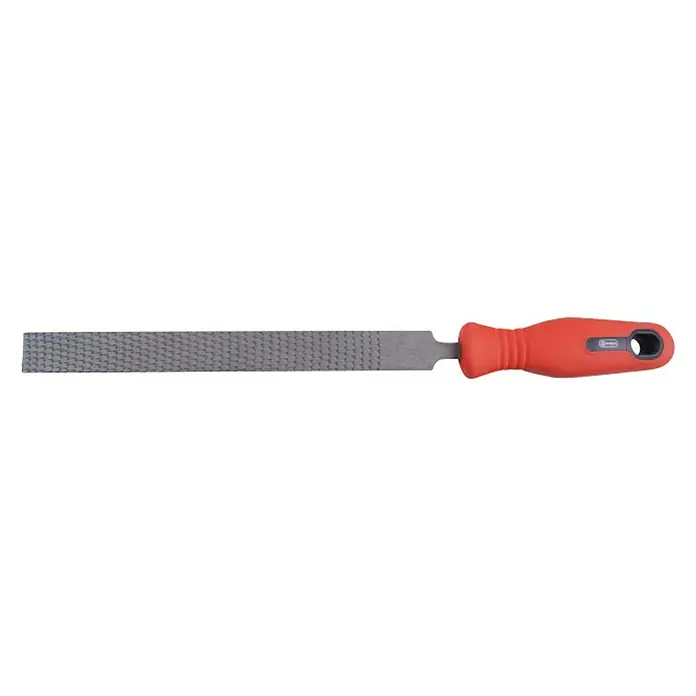 Connex Escofina plana sin punta - Acero - Primer plano de una escofina para madera con mango rojo, una herramienta para alisar superficies de madera en carpintería.