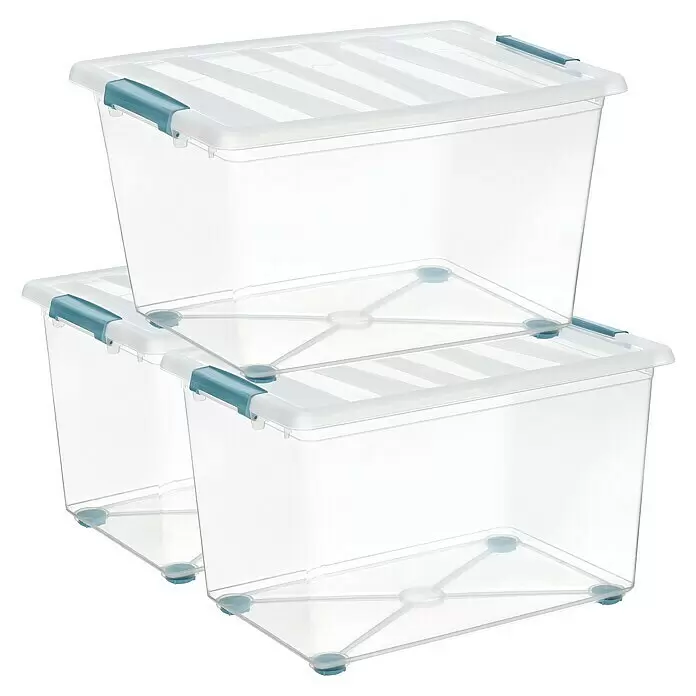 Caja con ruedas Katla - L x An x Al: 39 x 59 x 36,5 cm, 57 l - Dos cajas de almacenamiento de plástico transparente con cierres azules, apiladas una sobre otra.