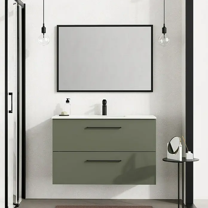 Artysan Espejo con marco Arosa - 100 x 80 cm, Negro - Moderno baño con mueble de lavabo verde oliva, lavabo, espejo y decoración minimalista.