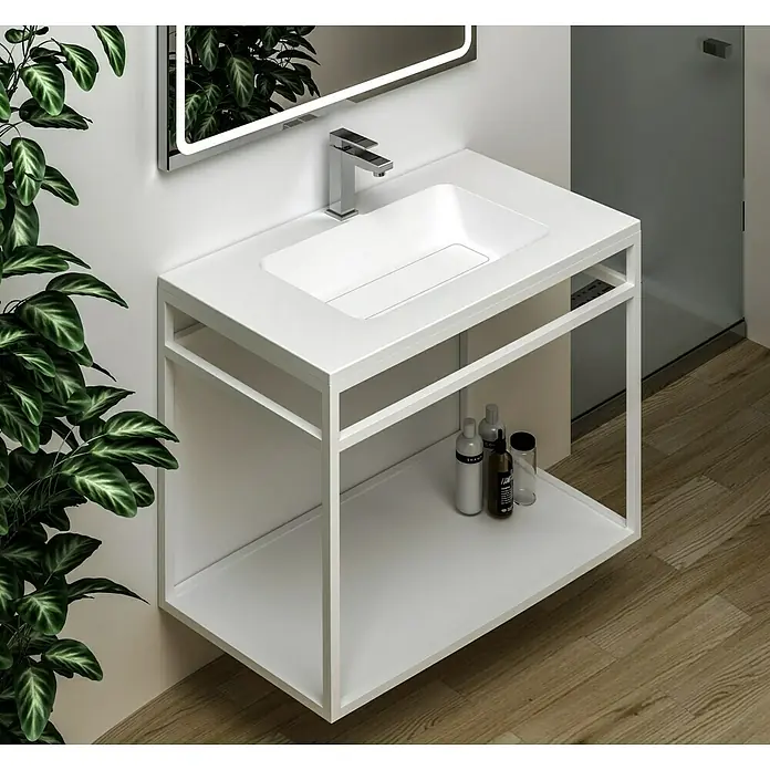 Lavabo Oporto - 80 x 46 cm, Acrílico, Blanco - Combinación de lavabo blanco moderno con diseño minimalista y práctica superficie de almacenamiento. Ideal para un baño elegante.
