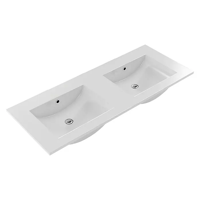 Lavabo París - 120 x 46 cm, Blanco - Vista detallada de un lavabo doble en blanco con dos grifos y orificios de rebose. Ideal para un baño moderno.