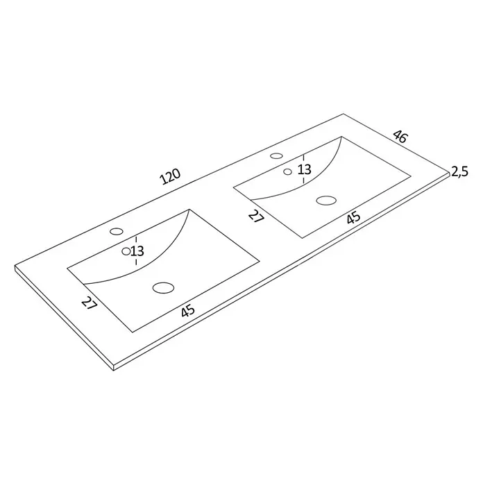 Lavabo París - 120 x 46 cm, Blanco - Dibujo técnico detallado de un mueble de lavabo doble con dimensiones para la instalación de fontanería y diseño de baño.