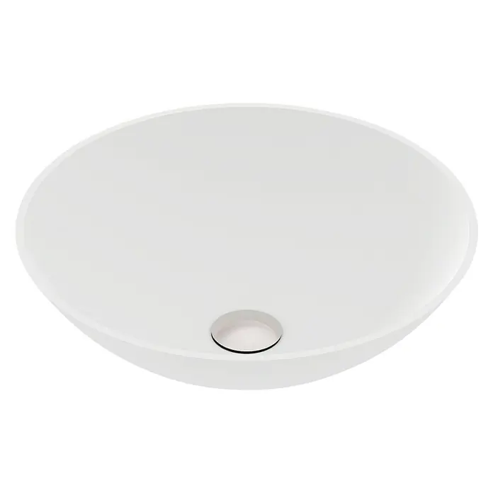 Lavabo de sobremesa Urano - 40 x 40 cm, Sin esmalte especial, Sin desbordamiento, Blanco - La imagen muestra un lavabo de encimera blanco, redondo y moderno con un desagüe central. El lavabo tiene una superficie lisa y brillante.