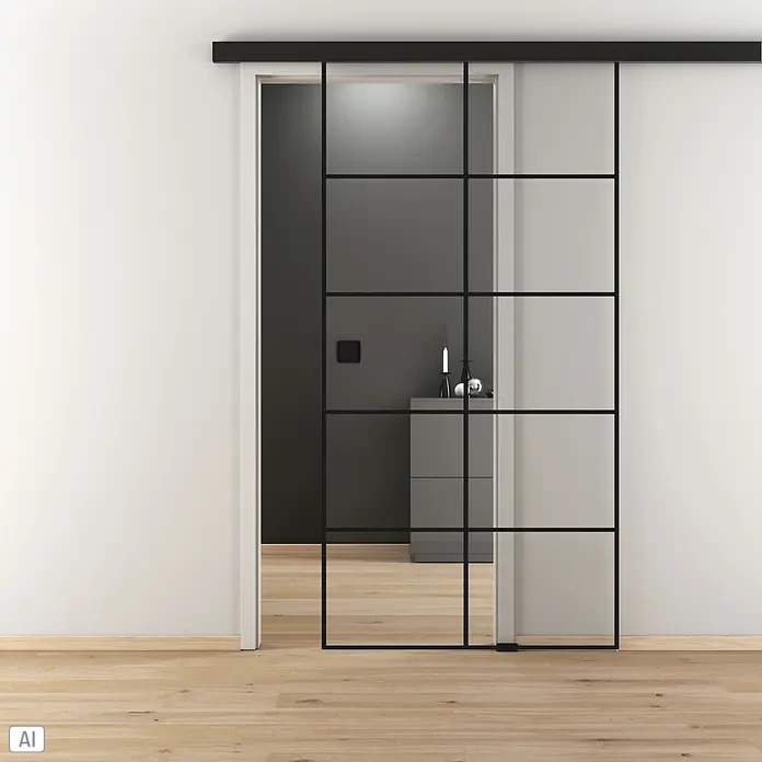 Diamond Doors Black Edition Schiebetür-Komplettset Loft - 935 x 2.058 mm, Klarglas - Ein elegantes Schiebetürsystem mit schwarzem Rahmen und klaren Glaseinsätzen, das einen modernen und offenen Übergang zwischen Räumen schafft.