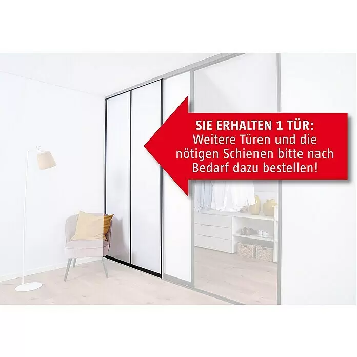 Room Plaza Easy Schiebetür-Bau-Set - Hochglanz Schwarz/Hochglanz Weiß, Farbe Beschlag: Schwarz - Eine schwarze Schiebetür mit weißer Füllung, als Teil eines Kleiderschranksystems dargestellt.