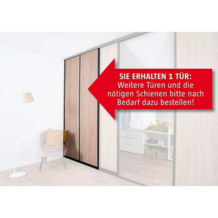 Room Plaza Easy Schiebetür-Bau-Set - Eiche geplankt/Eiche Trüffel, Farbe Beschlag: Schwarz - Abbildung eines Schiebetürenschranks, Hinweis: Einzelne Tür wird geliefert, zusätzliche Türen und Schienen sind bei Bedarf separat erhältlich.