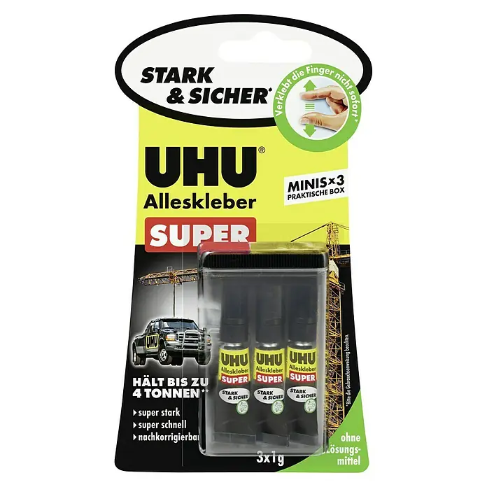 UHU Alleskleber Super stark & sicher - 1 g, Gelartig, Gebrauchsfertig - UHU Alleskleber SUPER Minis x3: Starker, schnell trocknender Alleskleber in einer praktischen 3er-Box für vielfältige Anwendungen.