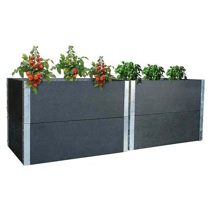 Hochbeet Loftico - 120 x 76 x 40 cm, Beton, Grau - Erhöhtes Pflanzbeet mit Tomaten- und Basilikumpflanzen. Das Beet ist aus grauem Material mit silbernen Akzenten gefertigt und bietet Platz für den Anbau.
