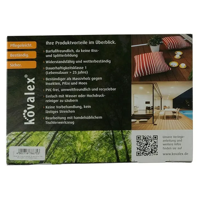 Kovalex Terrassendielenmuster XL mit Struktur - Unbehandelt - Kovalex Produktverpackung mit Produktvorteilen, QR-Code und Herstellerinformationen für hochwertige Bodenbeläge.