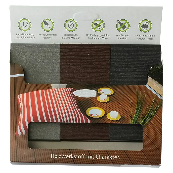Kovalex Terrassendielenmuster Massiv mit Struktur - Unbehandelt - Produktverpackung für Holzverbundwerkstoff mit Informationen zu Produkteigenschaften wie Barfußfreundlichkeit und Wetterbeständigkeit.