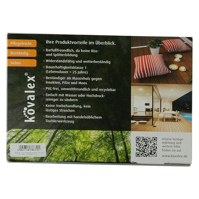 Kovalex Terrassendielenmuster Exklusiv - Gebürstet - Produktverpackung von "Kovalex" mit Produktvorteilen, QR-Code und URL zur Montageanleitung.
