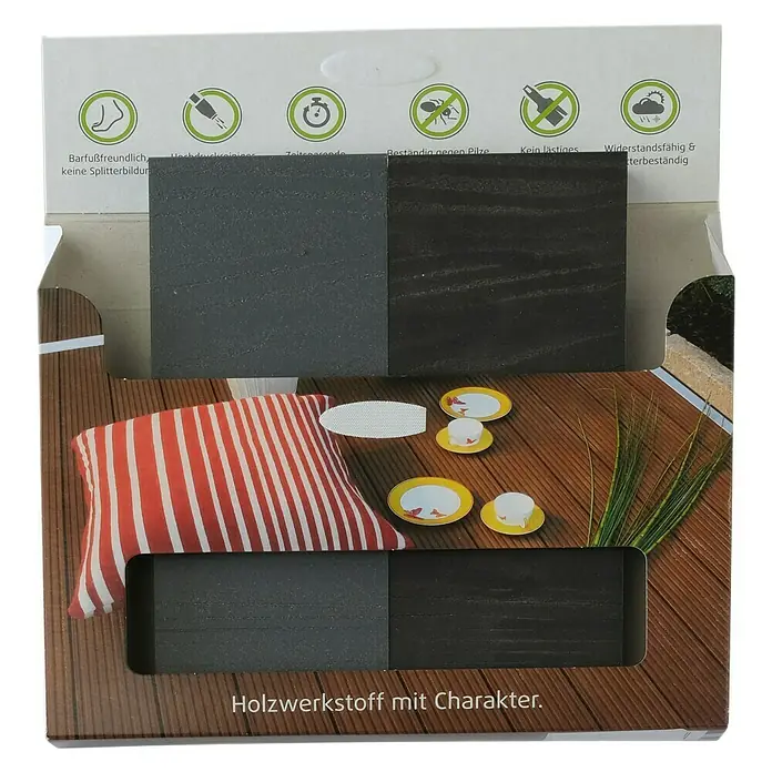 Kovalex Terrassendielenmuster XL mit Struktur - Unbehandelt - Produktansicht von Holzwerkstoff mit Charakter, ideal für Barfußfreundlichkeit und Widerstandsfähigkeit.
