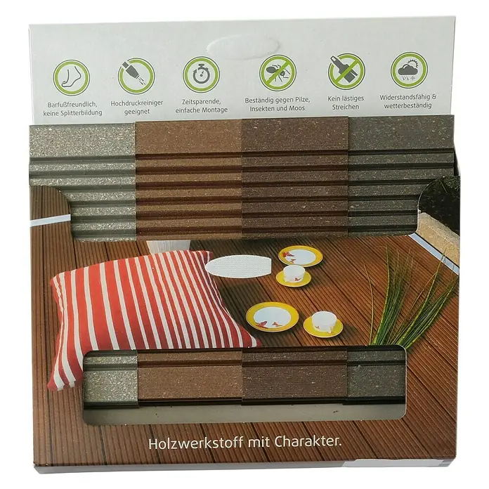 Kovalex Terrassendielenmuster Exklusiv - Gebürstet - Abbildung einer Verpackung für Holzwerkstoff mit charakteristischer Oberfläche, ideal für den Außenbereich.