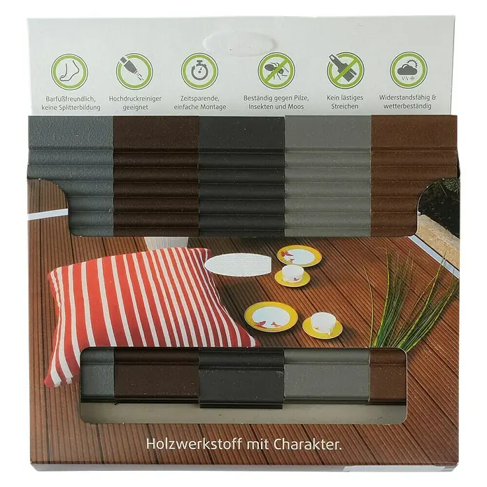 Kovalex Terrassendielenmuster Exklusiv - Mattiert - Produktbox mit Holzwerkstoff in verschiedenen Farben, gezeigt mit Kissen und Dekoration.
