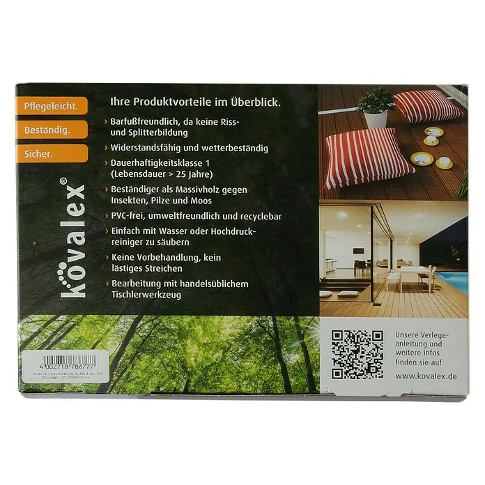 Kovalex Terrassendielenmuster Massiv mit Struktur - Unbehandelt - Produktverpackung von "Kovalex" Terrassendielen: Pflegeleicht, beständig und sicher. Informationen zu Produktvorteilen und Webseite.
