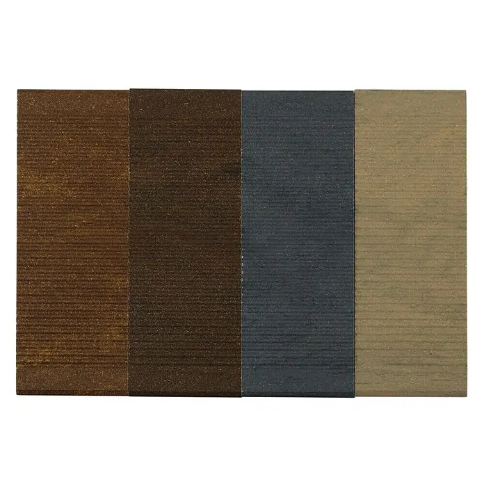 Kovalex Terrassendielenmuster Massiv - Strukturiert - Farbpalette für Holzbeize: Eine Auswahl von vier Farbtönen für Holzböden, von warmem Braun bis zu modernem Grau und einem neutralen Beige.