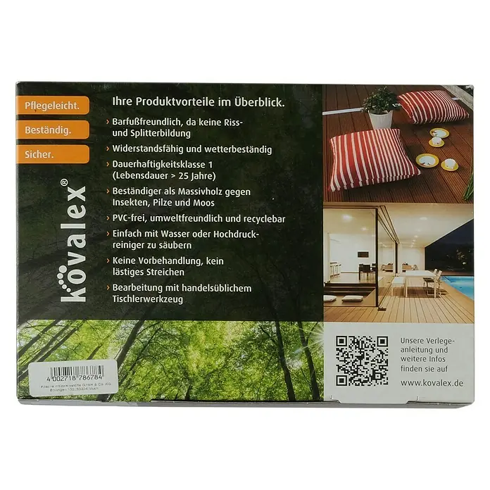 Kovalex Terrassendielenmuster Exklusiv - Mattiert - Produktverpackung von Kovalex mit Produktvorteilen, QR-Code und Bildern von Terrassendielen.