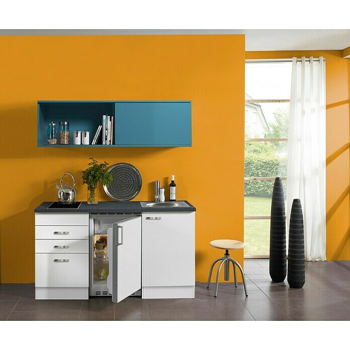 Optifit Küchenzeile Lagos Variante 3 (Breite: 150 cm, Weiß, Mit  Elektrogeräten, Blauer Oberschrank) | BAUHAUS