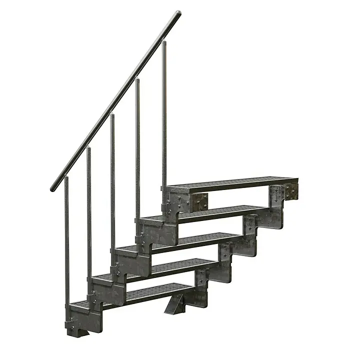 Dolle Außentreppe Gardentop - Gitterroststufen, Feuerverzinkte Geländerstäbe, Breite: 100 cm, Anzahl Stufen: 5 Stk., Geschosshöhe: 90 cm - 110 cm - Bild einer Außentreppe aus Metall mit Handlauf. Die Treppe besteht aus Gitterstufen und ist in dunklen Farbtönen gehalten.