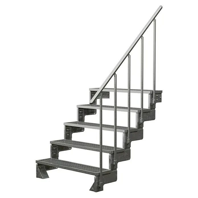 Dolle Außentreppe Gardentop - Gitterroststufen, Feuerverzinkte Geländerstäbe, Breite: 100 cm, Anzahl Stufen: 5 Stk., Geschosshöhe: 90 cm - 110 cm - Metalltreppe mit Geländer. Die Treppe ist aus robustem Metall gefertigt und verfügt über ein stabiles Geländer für sicheren Aufstieg.