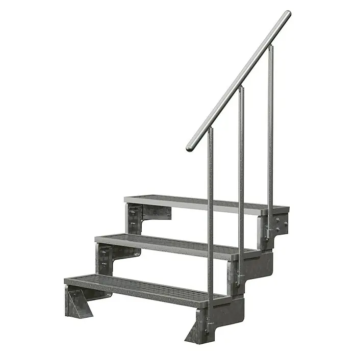 Dolle Außentreppe Gardentop - Gitterroststufen, Feuerverzinkte Geländerstäbe, Breite: 100 cm, Anzahl Stufen: 3 Stk., Geschosshöhe: 54 cm - 66 cm - Metalltreppe mit Handlauf. Robustes Design für den Innen- und Außenbereich, ideal für Industrie und Gewerbe.