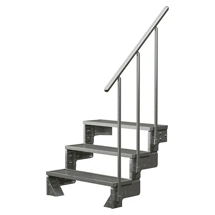 Dolle Außentreppe Gardentop - Gitterroststufen, Feuerverzinkte Geländerstäbe, Breite: 80 cm, Anzahl Stufen: 3 Stk., Geschosshöhe: 54 cm - 66 cm - Metalltreppe mit Handlauf. Die Treppe hat drei Stufen und ein Geländer aus Metall.
