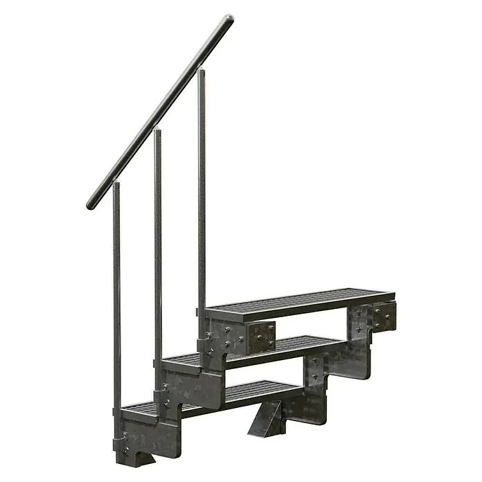 Dolle Außentreppe Gardentop - Gitterroststufen, Feuerverzinkte Geländerstäbe, Breite: 80 cm, Anzahl Stufen: 3 Stk., Geschosshöhe: 54 cm - 66 cm - Metalltreppe mit Gitterstufen und Handlauf. Robustes Design für den Außenbereich oder industrielle Umgebungen.