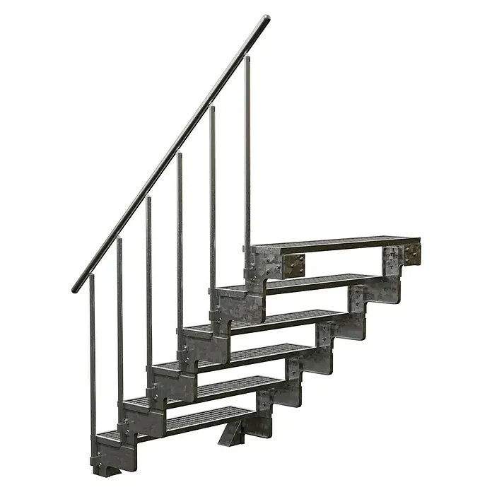 Dolle Außentreppe Gardentop - Gitterroststufen, Feuerverzinkte Geländerstäbe, Breite: 100 cm, Anzahl Stufen: 6 Stk., Geschosshöhe: 108 cm - 132 cm - Eine Metalltreppe mit Geländer auf schwarzem Hintergrund. Die Treppe besteht aus mehreren Stufen und hat ein Geländer.
