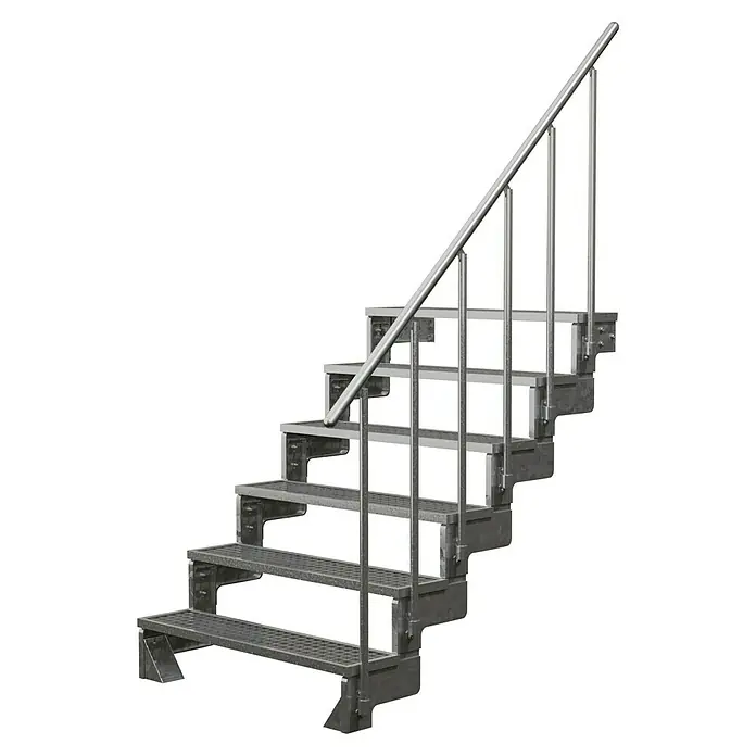 Dolle Außentreppe Gardentop - Gitterroststufen, Feuerverzinkte Geländerstäbe, Breite: 100 cm, Anzahl Stufen: 6 Stk., Geschosshöhe: 108 cm - 132 cm - Eine Metalltreppe mit Handlauf vor einem schwarzen Hintergrund. Die Treppe wirkt robust und industriell.
