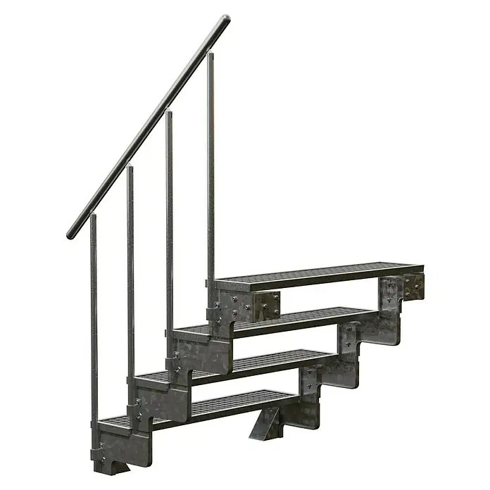 Dolle Außentreppe Gardentop - Gitterroststufen, Feuerverzinkte Geländerstäbe, Breite: 100 cm, Anzahl Stufen: 4 Stk., Geschosshöhe: 72 cm - 88 cm - Metalltreppe mit Geländer. Die robuste Treppe ist ideal für den Außenbereich und bietet sicheren Halt dank des Geländers.