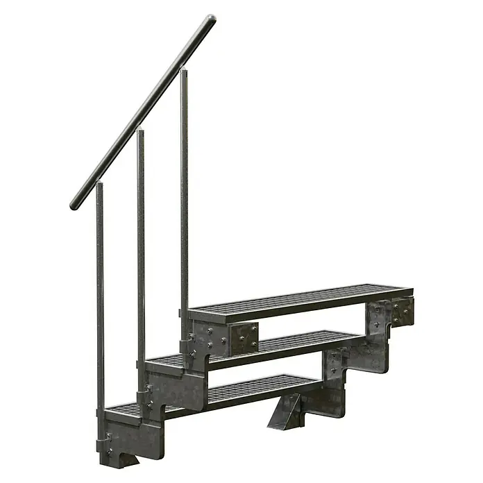 Dolle Außentreppe Gardentop - Gitterroststufen, Feuerverzinkte Geländerstäbe, Breite: 100 cm, Anzahl Stufen: 3 Stk., Geschosshöhe: 54 cm - 66 cm - Metalltreppe mit Geländer. Die Treppe ist aus robustem Material gefertigt und verfügt über ein stabiles Geländer für mehr Sicherheit.