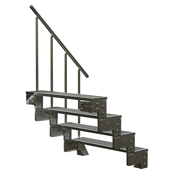 Dolle Außentreppe Gardentop - Gitterroststufen, Feuerverzinkte Geländerstäbe, Breite: 100 cm, Anzahl Stufen: 4 Stk., Geschosshöhe: 72 cm - 88 cm - Eine silberne Außentreppe mit einem Geländer auf schwarzem Hintergrund. Die Metallstufen sind robust und wetterfest.