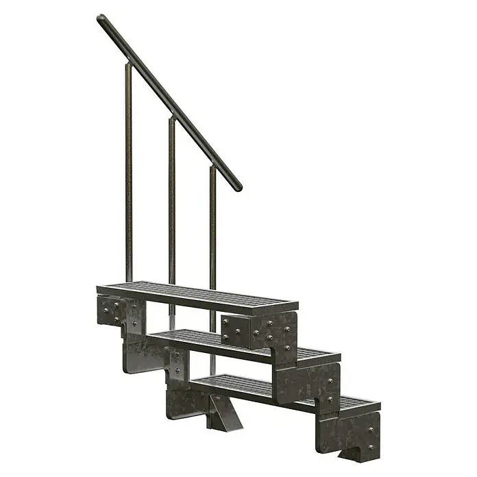 Dolle Außentreppe Gardentop - Gitterroststufen, Feuerverzinkte Geländerstäbe, Breite: 80 cm, Anzahl Stufen: 3 Stk., Geschosshöhe: 54 cm - 66 cm - Eine robuste Metalltreppe mit drei Stufen und einem Handlauf für den Außenbereich. Ideal für den industriellen Gebrauch.
