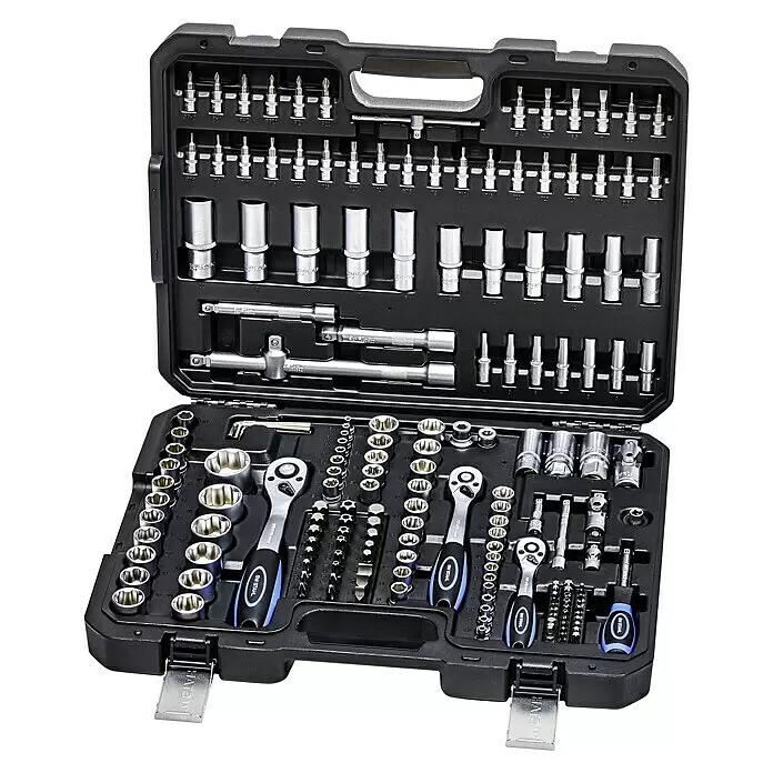 SW-Stahl Set de llaves de vaso - 184 pzs. - Una caja de herramientas negra completa con numerosas herramientas manuales plateadas y negras, incluyendo vasos, puntas de destornillador y llaves.