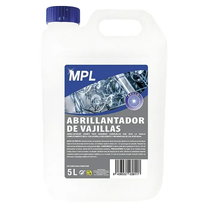 MPL Abrillantador de vajillas - 5.000 ml, Bidón - Imagen de una botella de 5L de abrillantador MPL para lavavajillas, para una vajilla limpia y brillante sin manchas.