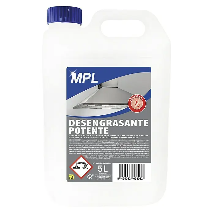 MPL Limpiador desengrasante Potente - 5.000 ml, Bidón - Desengrasante Potente MPL: Elimina la acumulación de grasa en cocinas, hornos y tejidos. Disuelve grasa blanca y negra de taller.