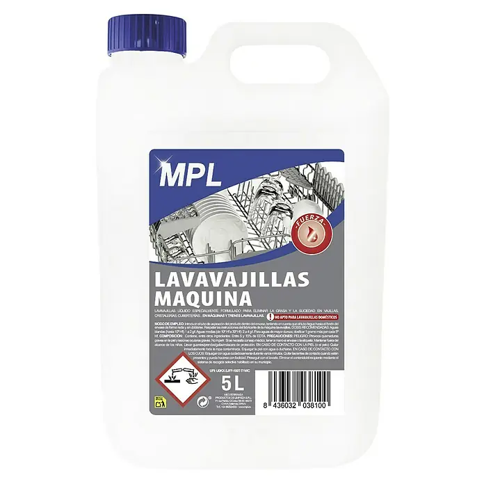 MPL Detergente lavavajillas máquina - 5.000 ml, Bidón - Botella de 5L de detergente lavavajillas MPL Lavavajillas Maquina, formulado para lavavajillas comerciales, con tapón azul y etiqueta.