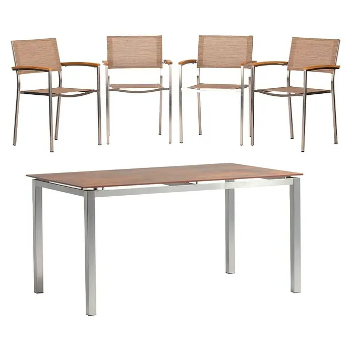 Acamp Gartenmöbel-Set Skye - 5 -tlg., Stapelbar, Silber/Braun - Ein elegantes Outdoor-Set mit einem rechteckigen Esstisch mit Holzplatte und vier passenden Armlehnstühlen mit silberfarbenen Rahmen.