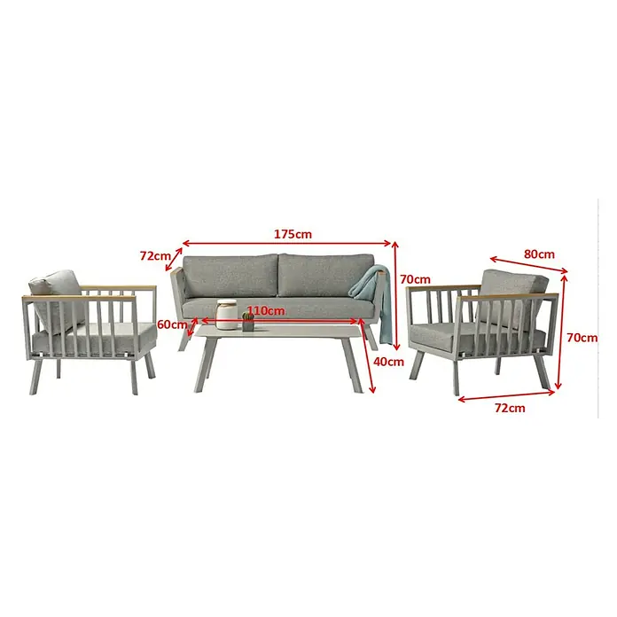 Acamp Loungemöbel-Set Gondola - 4 -tlg., Aluminium, Polywood, Taupe - Abbildung einer grauen Gartenmöbelgarnitur mit Sofa, zwei Sesseln und einem Tisch, inklusive Maßangaben.