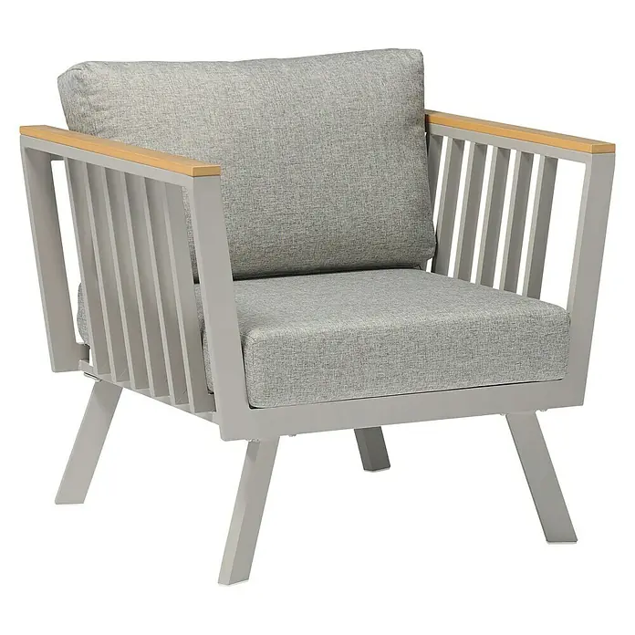 Acamp Loungemöbel-Set Gondola - 4 -tlg., Aluminium, Polywood, Taupe - Grauer Loungesessel mit Holzarmlehnen und bequemen grauen Kissen, ideal für den Garten oder die Terrasse.