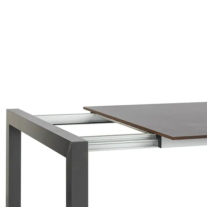 Acamp Gartenmöbel-Set Urban - 5 -tlg., Aluminium, HPL, Acatex, Grau - Detailansicht eines ausziehbaren Esstisches mit Metallgestell und brauner Tischplatte. Das Auszugsmechanismus ist sichtbar.